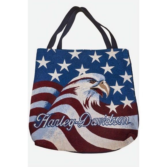 Harley-Davidson Handbags - Vintage Harley Davidson Eagle American Flag Tapestry Tote Bag‎